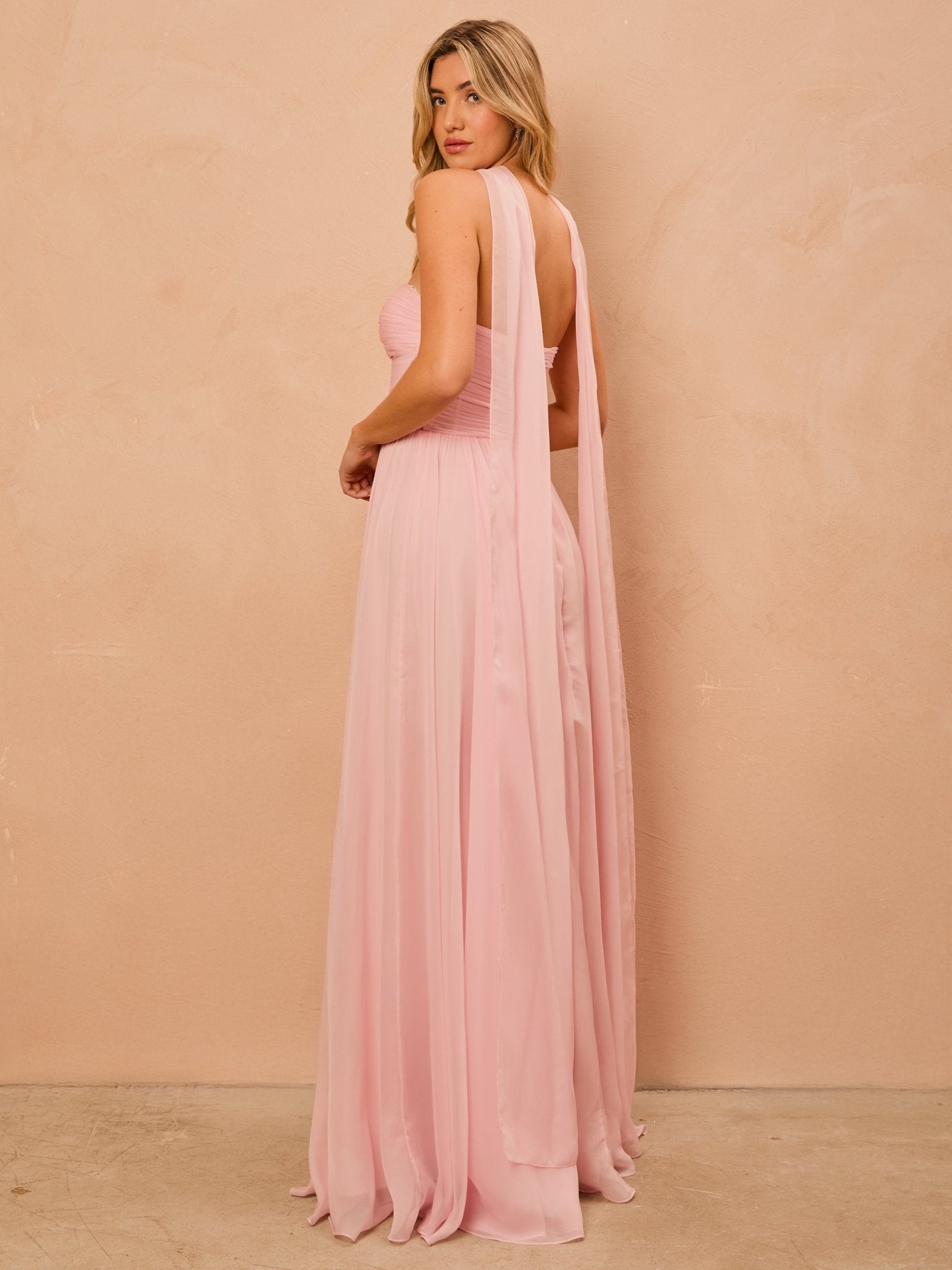 Mia - Blush Wedding Guest Dress with Scarf