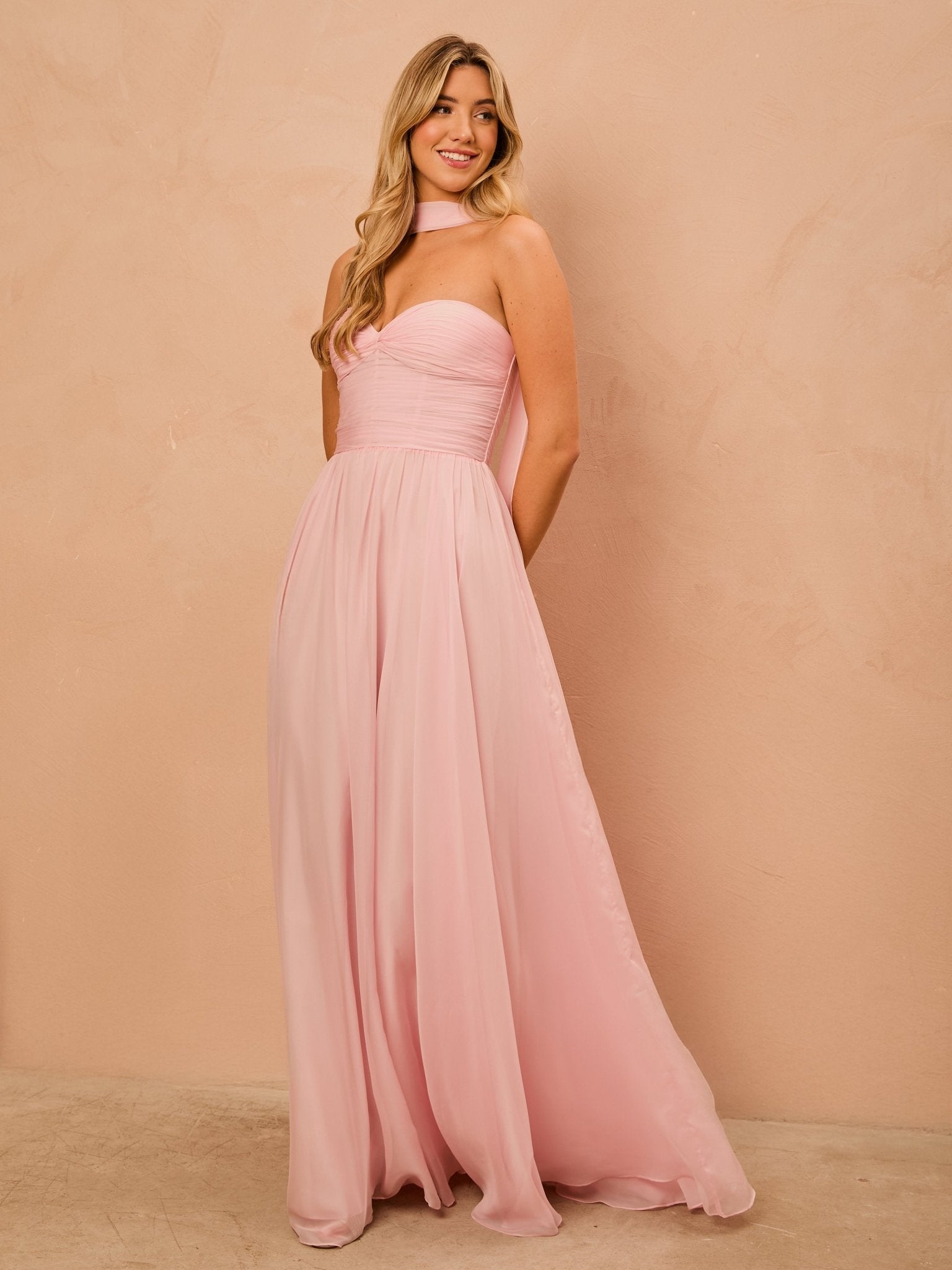 Mia - Blush Wedding Guest Dress with Scarf