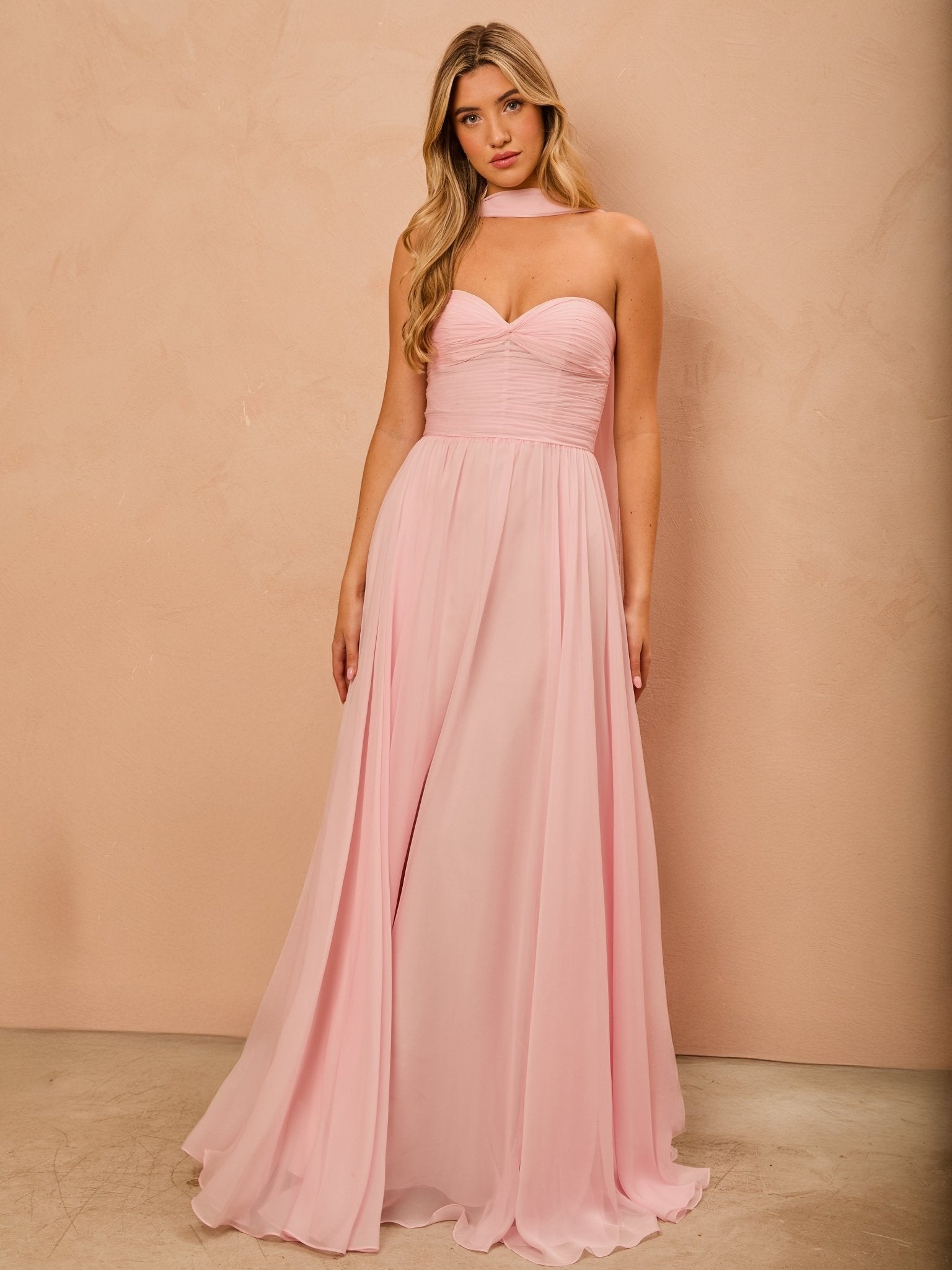 Mia - Blush Wedding Guest Dress with Scarf