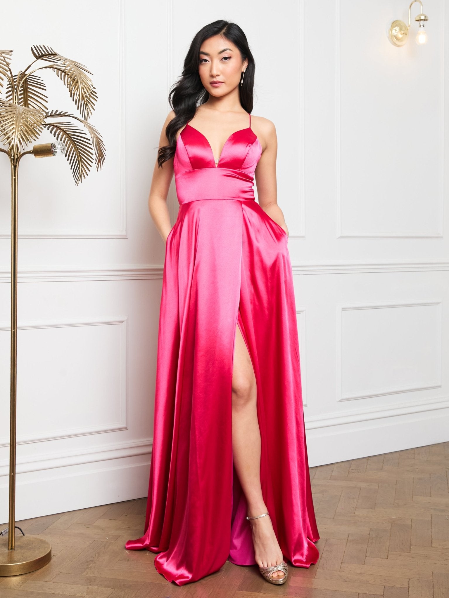 Olivia - Hot Pink Satin Wrap Lace Up Back