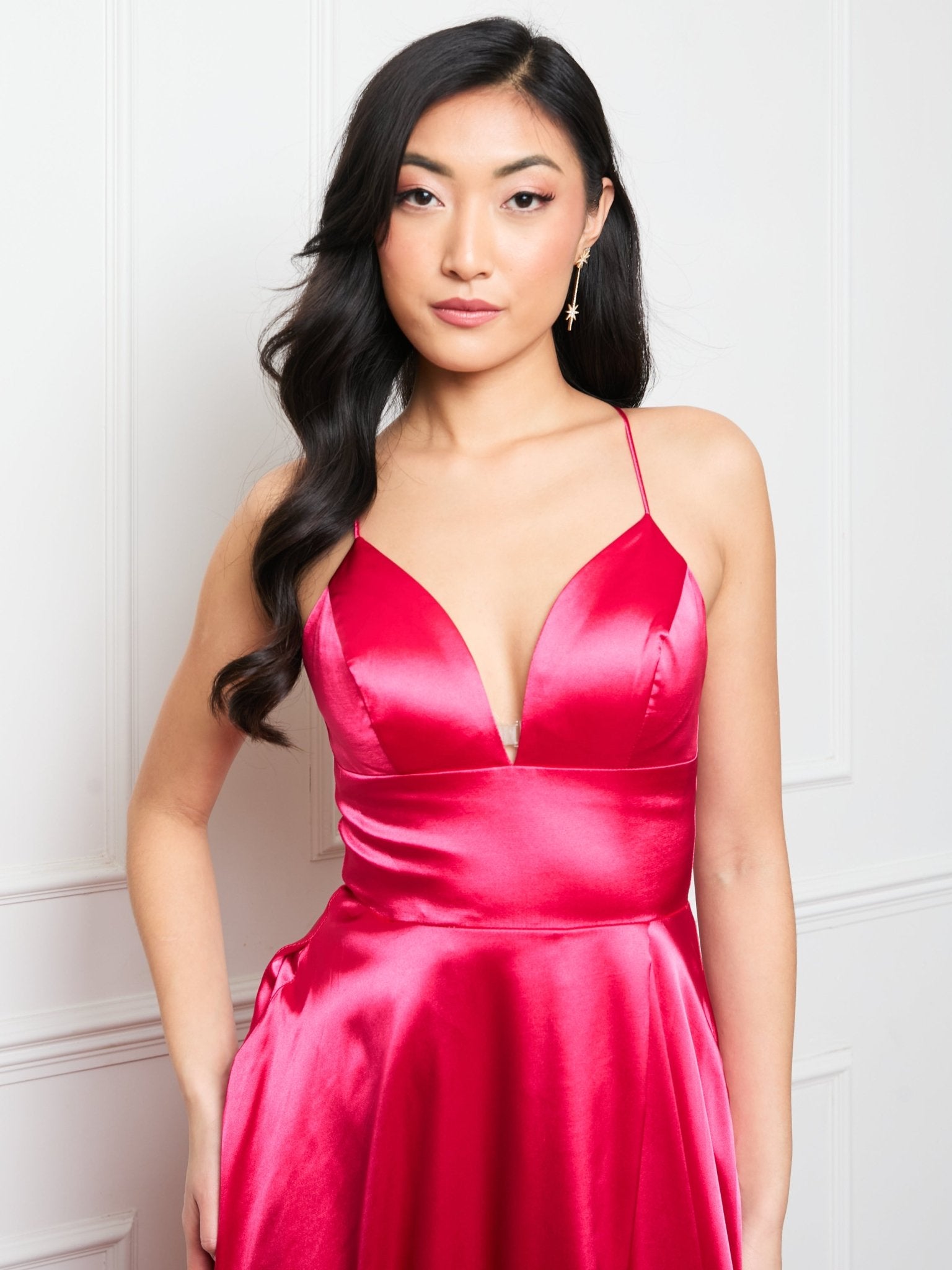 Olivia - Hot Pink Satin Wrap Lace Up Back