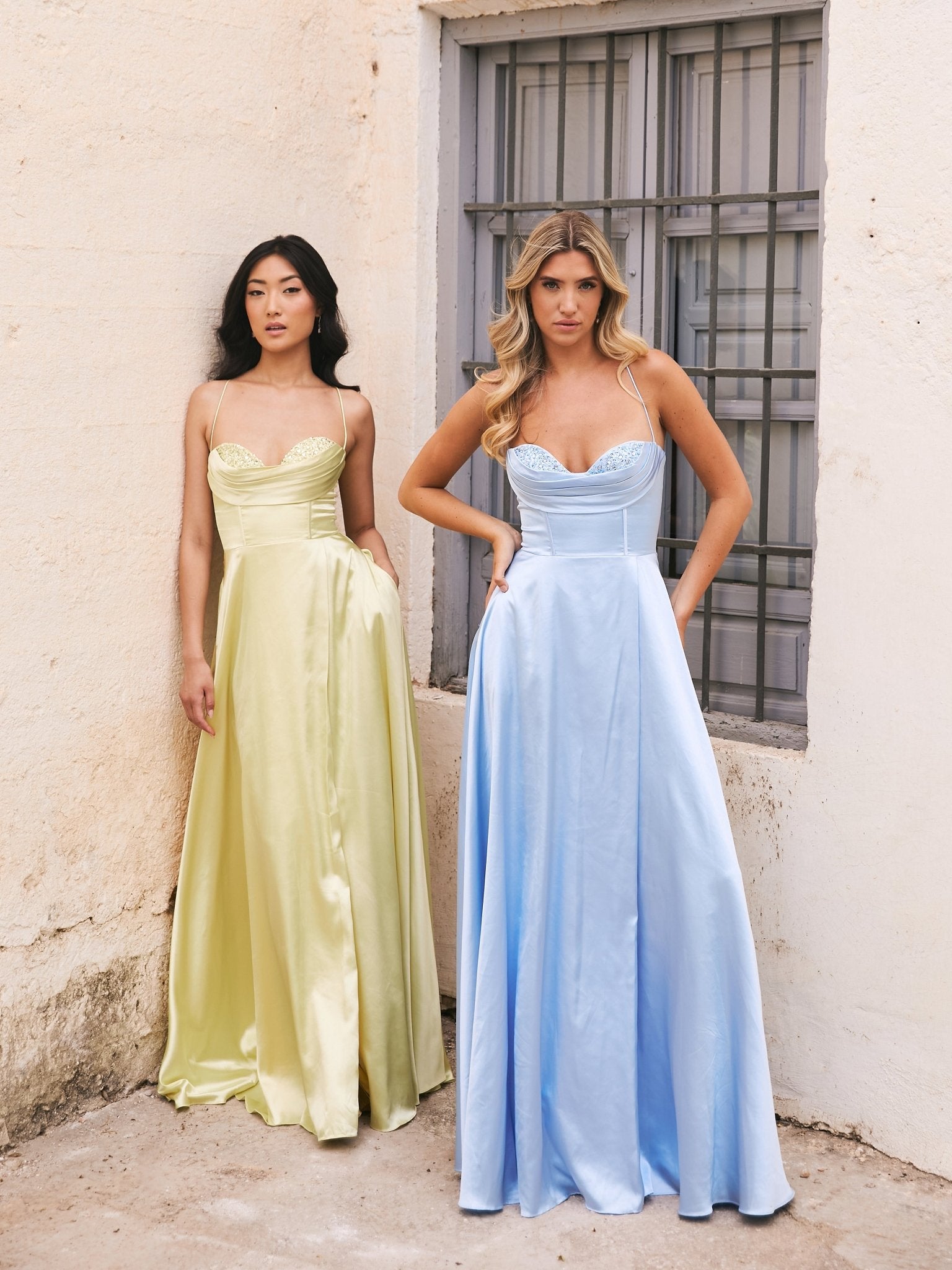 Petra - Lemon Satin Wrap Dress With Beaded Corset - Dress 2 Party