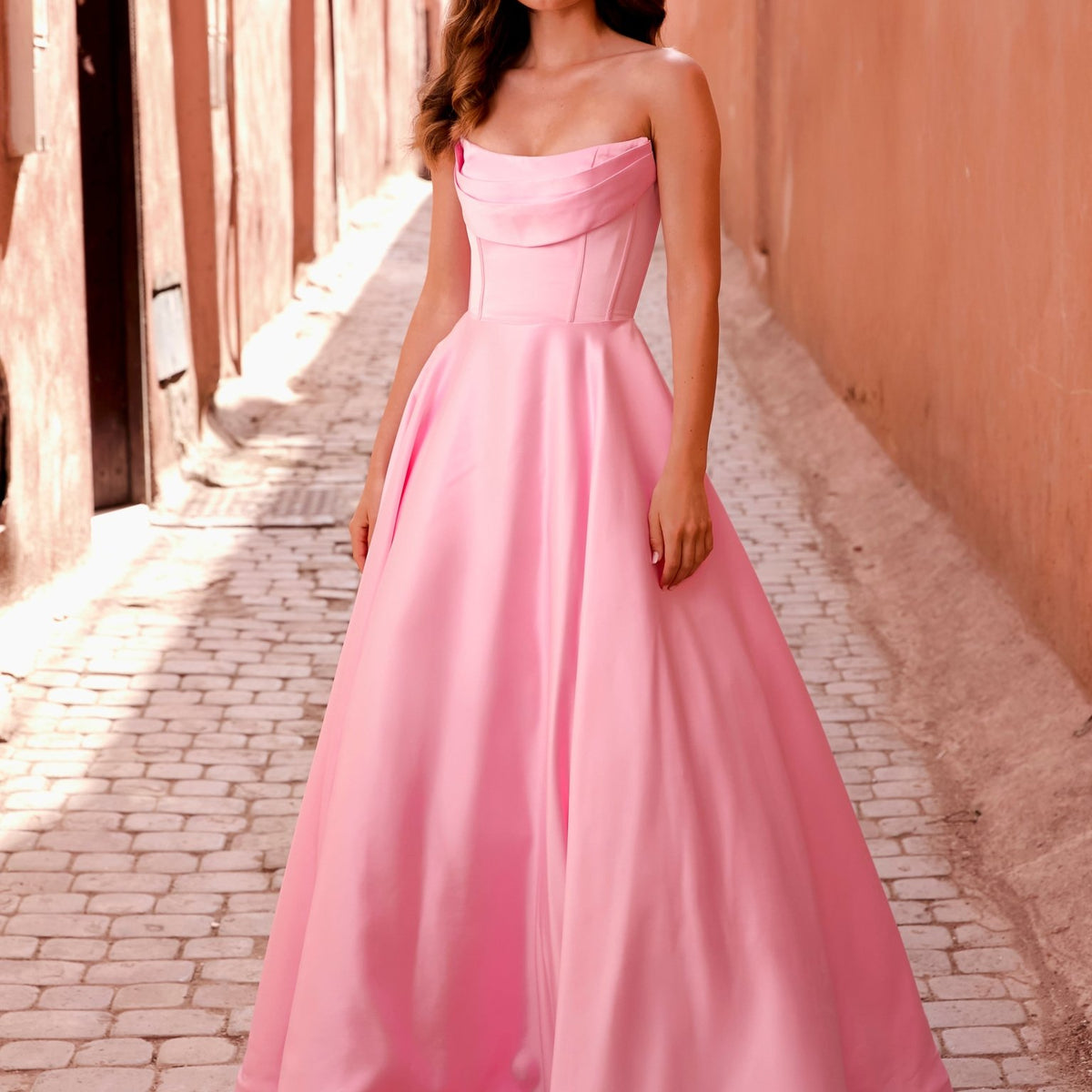 open lace back dress Pink Strapless A Line Pleated Satin Long Prom Dresses with Flower, Pink / UK 2